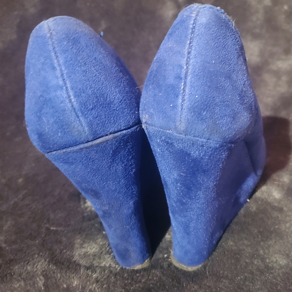Blue suede platform wedge heels